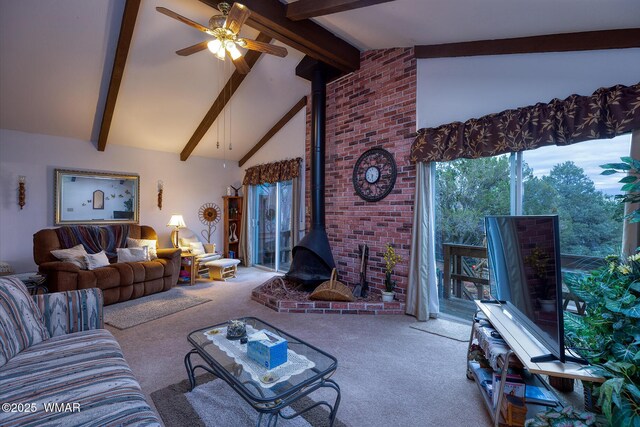 2045 Silver Creek Dr, Show Low, AZ 85901 - carpeted living room with a wood stove and a ceiling fan
