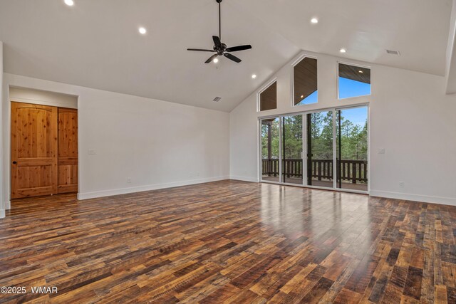 2759 Panther Cir, Overgaard, AZ 85933 - unfurnished room with wood-type flooring, high vaulted ceiling, baseboards, a ceiling fan, and recessed lighting