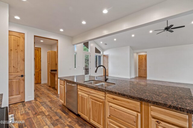 2759 Panther Cir, Overgaard, AZ 85933 - kitchen with a sink, vaulted ceiling, stainless steel dishwasher, dark wood-style floors, and recessed lighting