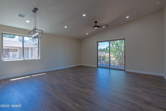 840 E Blue Jay Ln, Show Low, AZ 85901 - spare room featuring dark wood-type flooring, recessed lighting, vaulted ceiling, a chandelier, and a ceiling fan