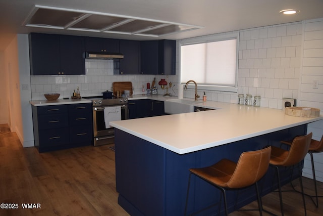 kitchen featuring electric range, a sink, a peninsula, tasteful backsplash, and under cabinet range hood