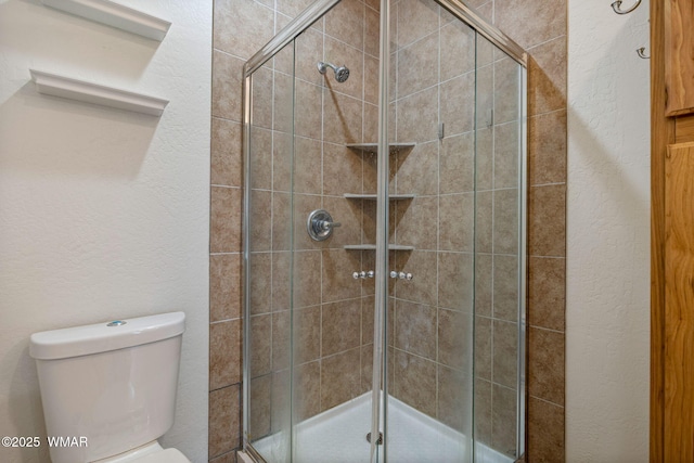 bathroom featuring toilet, a stall shower, and a textured wall