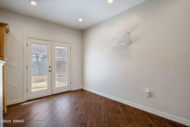 entryway with recessed lighting, baseboards, dark wood-style flooring, and french doors