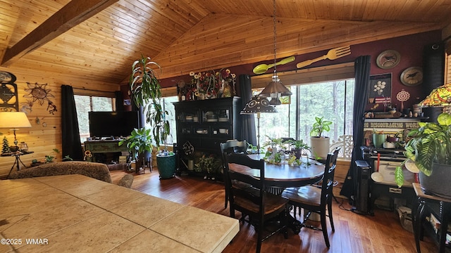 dining space featuring vaulted ceiling, wood ceiling, and wood finished floors