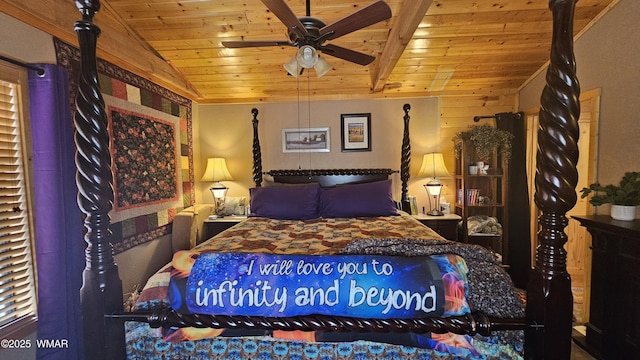 bedroom with wood ceiling and lofted ceiling