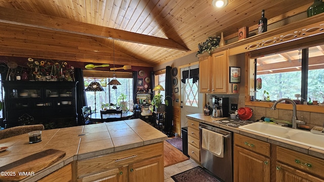 kitchen with tile counters, a sink, wood ceiling, and dishwasher