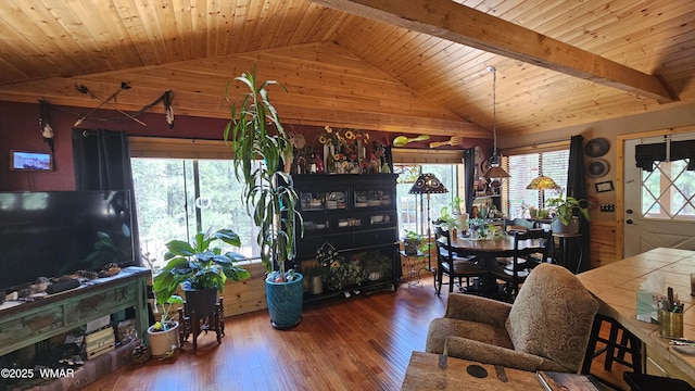 living room featuring lofted ceiling with beams, wooden ceiling, and wood finished floors