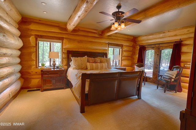 bedroom with visible vents, light colored carpet, beamed ceiling, log walls, and recessed lighting