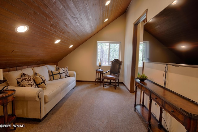 carpeted living room with recessed lighting, wooden ceiling, lofted ceiling, and baseboards