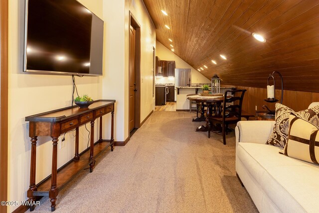 living area with recessed lighting, wooden ceiling, lofted ceiling, and light carpet