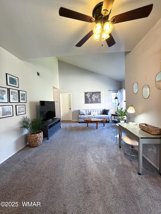 living room with a ceiling fan, high vaulted ceiling, and carpet flooring