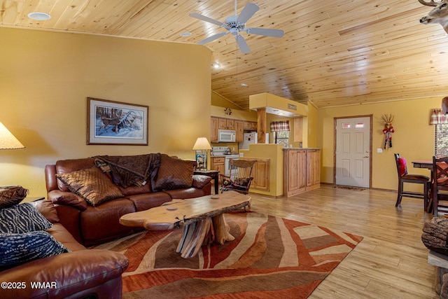 1761 N Bison Ct, Show Low, AZ 85901 - living room featuring wood ceiling, a ceiling fan, lofted ceiling, and light wood-type flooring