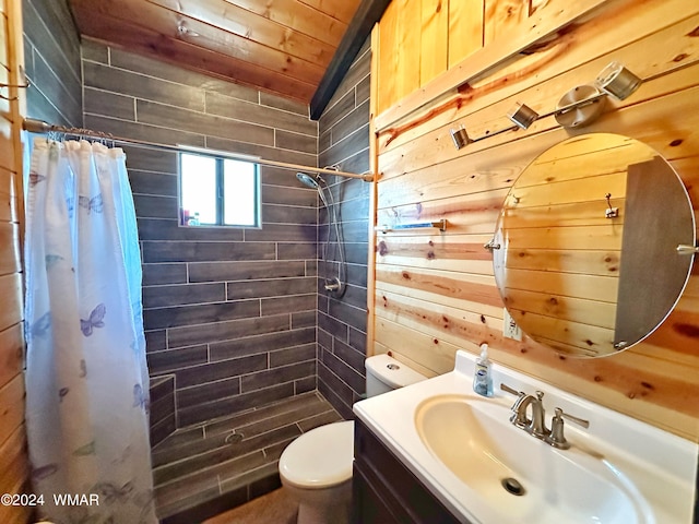 3403 Top View Rd, Overgaard, AZ 85933 - full bathroom with wooden walls, a shower stall, toilet, vanity, and wooden ceiling