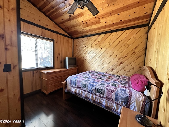 3403 Top View Rd, Overgaard, AZ 85933 - bedroom with lofted ceiling, wood walls, dark wood-type flooring, and wooden ceiling