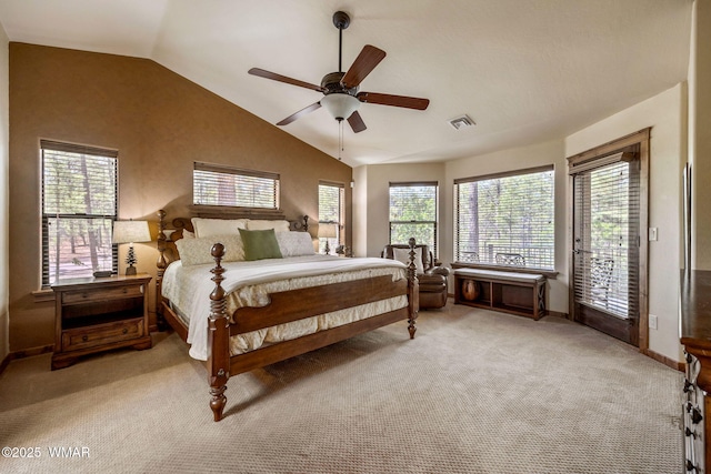 4040 W Ninebark Ln, Show Low, AZ 85901 - bedroom featuring lofted ceiling, carpet floors, access to exterior, and a ceiling fan