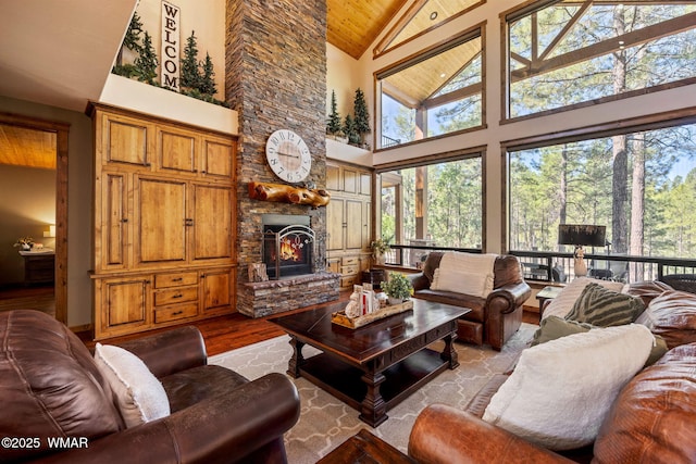 4040 W Ninebark Ln, Show Low, AZ 85901 - living room with wood finished floors, high vaulted ceiling, a stone fireplace, and wood ceiling