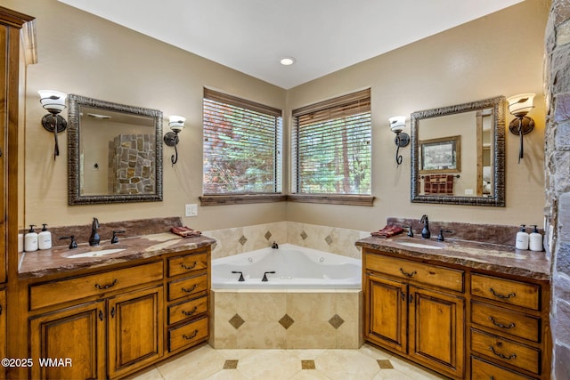 4040 W Ninebark Ln, Show Low, AZ 85901 - full bath featuring two vanities, a jetted tub, and tile patterned floors