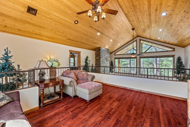 4040 W Ninebark Ln, Show Low, AZ 85901 - living area with ceiling fan, wooden ceiling, wood finished floors, recessed lighting, and high vaulted ceiling