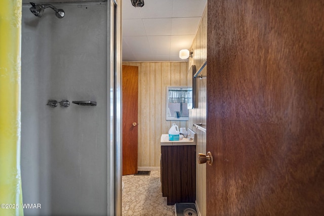 367 S Main St, Eagar, AZ 85925 - full bathroom featuring a shower, vanity, and wooden walls