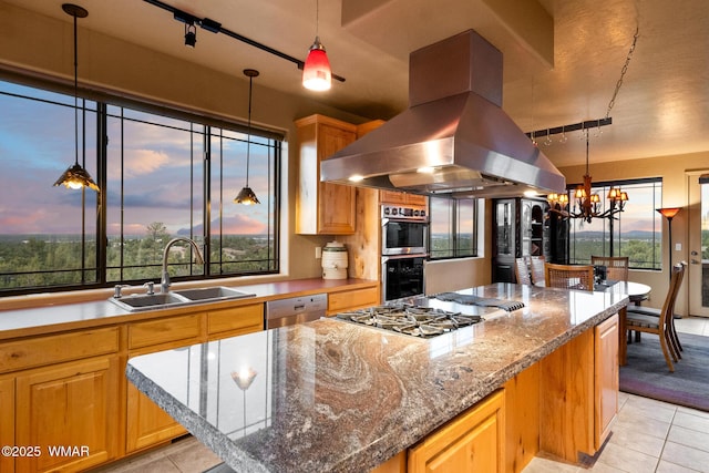 1511 S Canyon Ridge Trl, Show Low, AZ 85901 - kitchen featuring island exhaust hood, appliances with stainless steel finishes, rail lighting, a sink, and light tile patterned floors