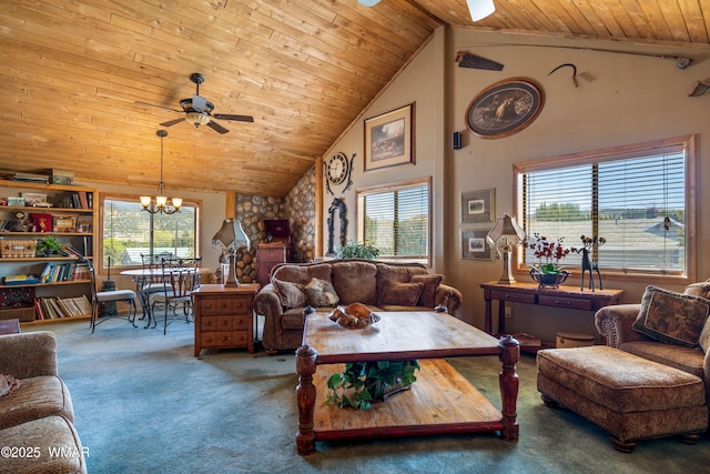 327 W 10th St, Eagar, AZ 85925 - living area with carpet, ceiling fan with notable chandelier, wooden ceiling, and high vaulted ceiling