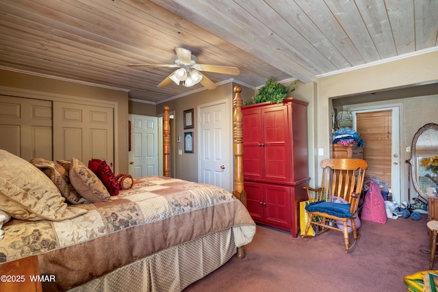 327 W 10th St, Eagar, AZ 85925 - carpeted bedroom featuring wooden ceiling, ornamental molding, a ceiling fan, and a closet