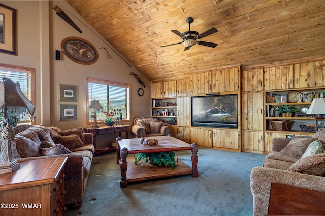 327 W 10th St, Eagar, AZ 85925 - living area featuring plenty of natural light, carpet flooring, ceiling fan, and high vaulted ceiling