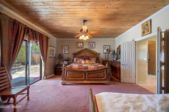 327 W 10th St, Eagar, AZ 85925 - bedroom featuring ornamental molding, baseboards, access to outside, wood ceiling, and carpet flooring