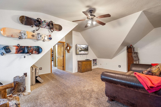 2444 S Jan Ln, Pinetop, AZ 85935 - interior space featuring carpet flooring, lofted ceiling, and a ceiling fan