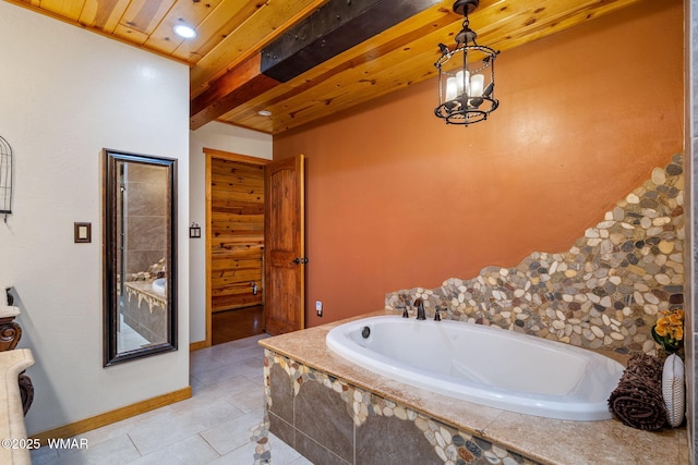 2444 S Jan Ln, Pinetop, AZ 85935 - full bath with a bath, tile patterned floors, wooden ceiling, and recessed lighting