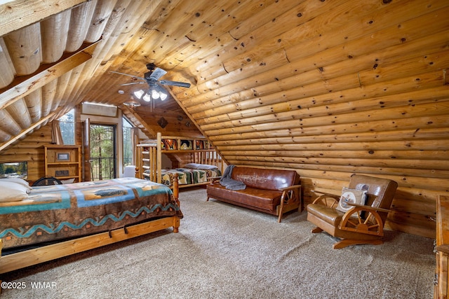2444 S Jan Ln, Pinetop, AZ 85935 - carpeted bedroom featuring log walls, lofted ceiling, and wooden ceiling