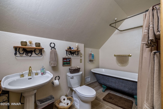 2444 S Jan Ln, Pinetop, AZ 85935 - bathroom featuring vaulted ceiling, a freestanding bath, and a textured ceiling