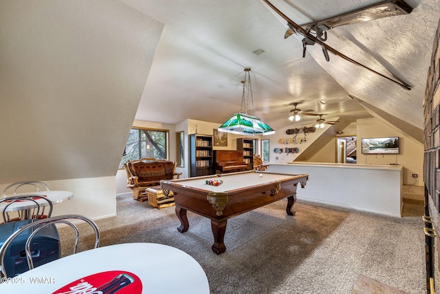 2444 S Jan Ln, Pinetop, AZ 85935 - rec room featuring carpet floors, vaulted ceiling, billiards table, and a ceiling fan