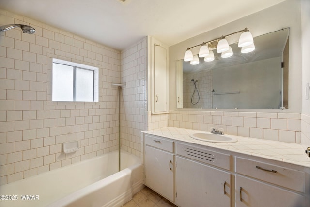 3510 Sunset Ln, Lakeside, AZ 85929 - bathroom with vanity, decorative backsplash, shower / washtub combination, and tile patterned floors