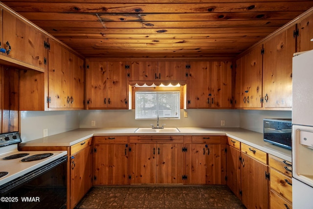 3510 Sunset Ln, Lakeside, AZ 85929 - kitchen featuring electric stove, a sink, wood ceiling, white fridge with ice dispenser, and light countertops
