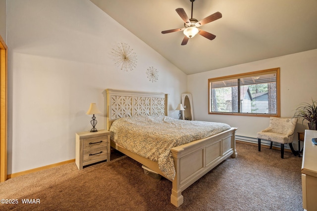 bedroom featuring carpet floors, lofted ceiling, ceiling fan, and baseboards