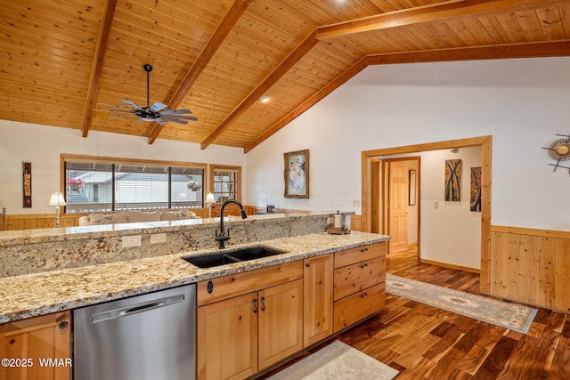 kitchen with wooden ceiling, light stone countertops, beam ceiling, stainless steel dishwasher, and a sink