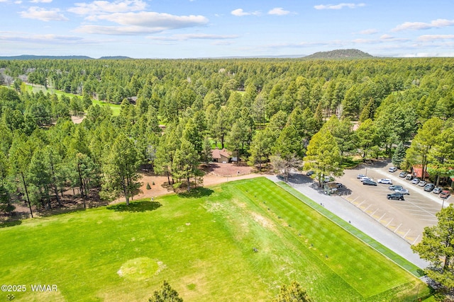 drone / aerial view with a wooded view