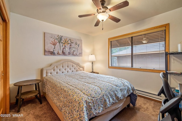 bedroom with carpet floors, baseboard heating, a ceiling fan, and baseboards