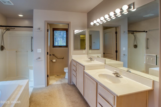 full bathroom with toilet, visible vents, and walk in shower