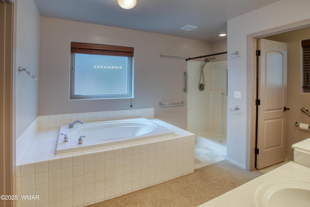 bathroom with a sink, visible vents, a shower stall, and a bath