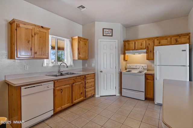 2740 E Walnut Dr, Taylor, AZ 85939 - kitchen featuring white appliances, a sink, under cabinet range hood, light countertops, and light tile patterned floors