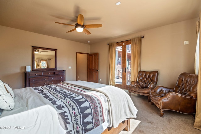 bedroom featuring access to exterior, ceiling fan, french doors, and light colored carpet