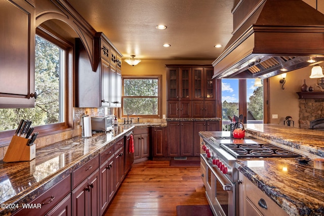 kitchen featuring stainless steel stove, a healthy amount of sunlight, glass insert cabinets, and custom range hood