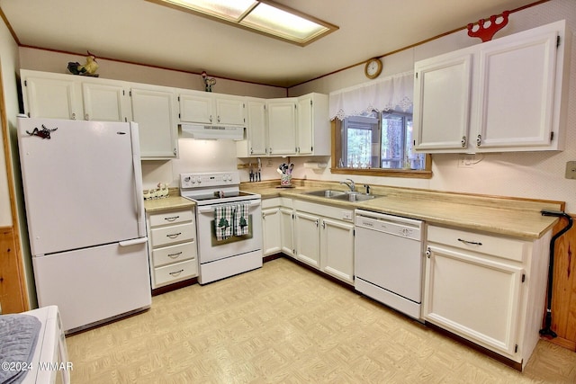 2413 Lupine Cir, Pinetop, AZ 85935 - kitchen with white appliances, a sink, light floors, and under cabinet range hood