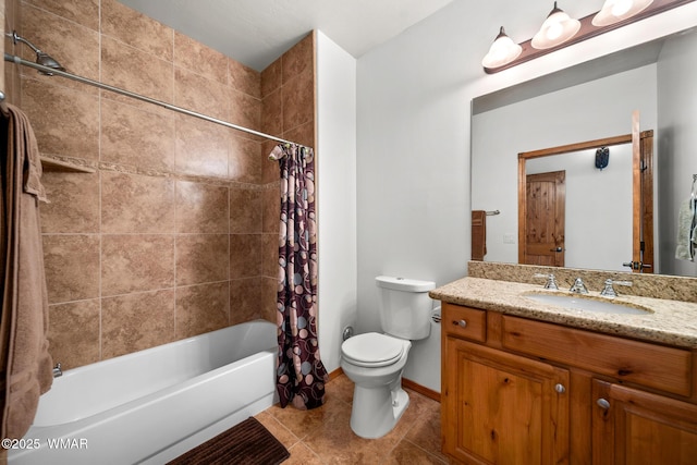 full bathroom featuring tile patterned floors, toilet, shower / tub combo, baseboards, and vanity