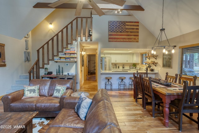 6970 Palomino Dr, Pinetop, AZ 85935 - living area featuring stairs, high vaulted ceiling, beam ceiling, and light wood finished floors