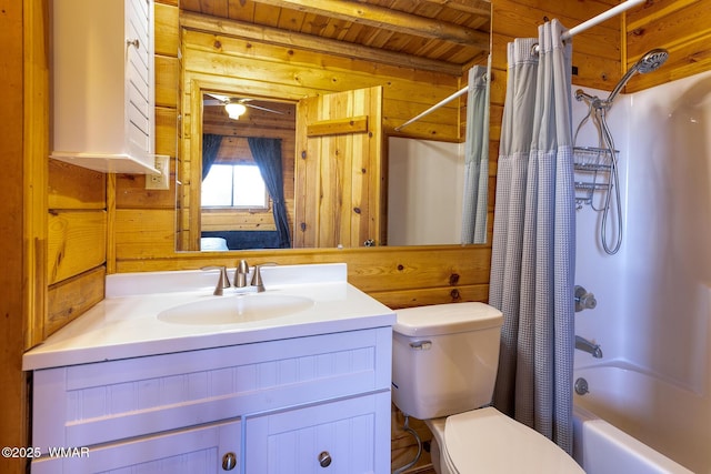 4269 Rock Rd, Snowflake, AZ 85937 - full bath featuring wood walls, shower / tub combo, vanity, and a wood ceiling with exposed beams