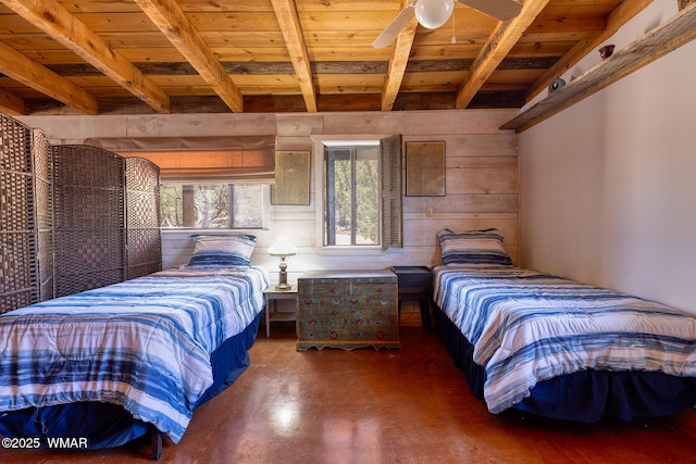 4269 Rock Rd, Snowflake, AZ 85937 - bedroom featuring a wooden ceiling with exposed beams, concrete flooring, and wooden walls