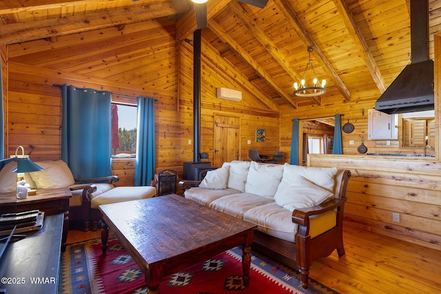 4269 Rock Rd, Snowflake, AZ 85937 - living room featuring a wood stove, wooden ceiling, a chandelier, wooden walls, and wood-type flooring